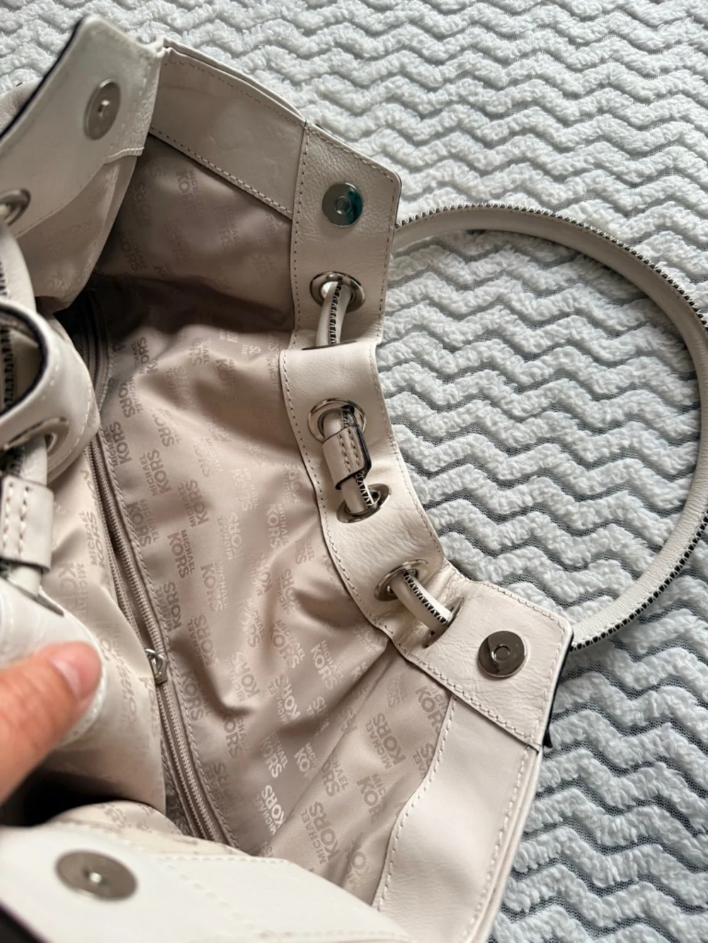 Michael Kors Astor Ivory Leather Studded Double Handle Purse Snap Closure Bag